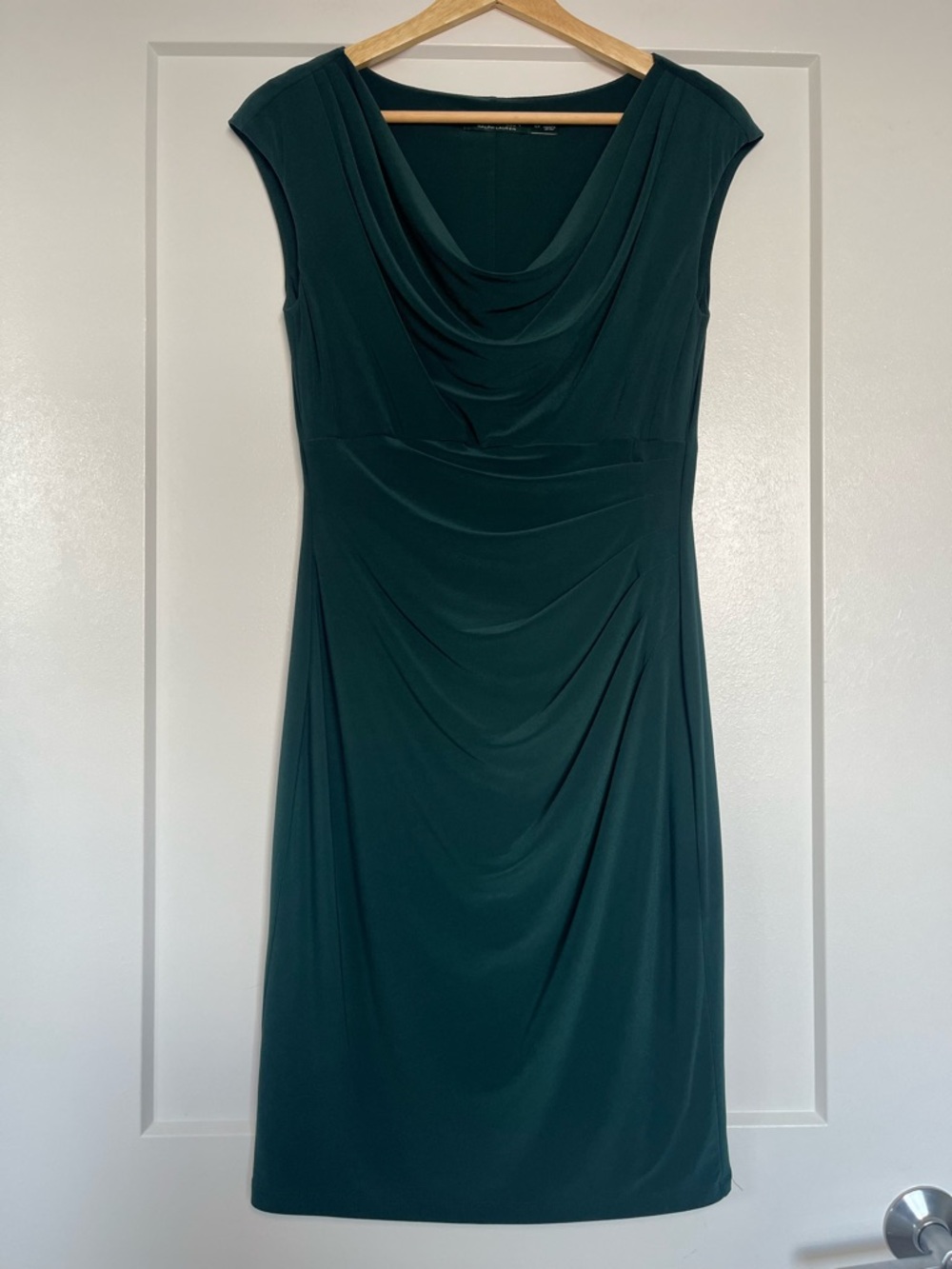 Lauren Ralph Lauren Green Cowl Neck Ruched Sheath Dress Petite 6P Stretch